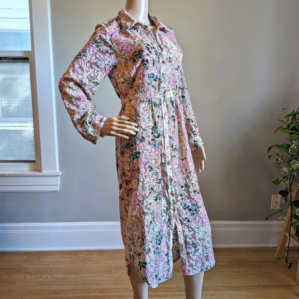 Hemant & Nandita Floral Velvet Midi Dress Triana Button Front Semi Sheer Small - Picture 3 of 10